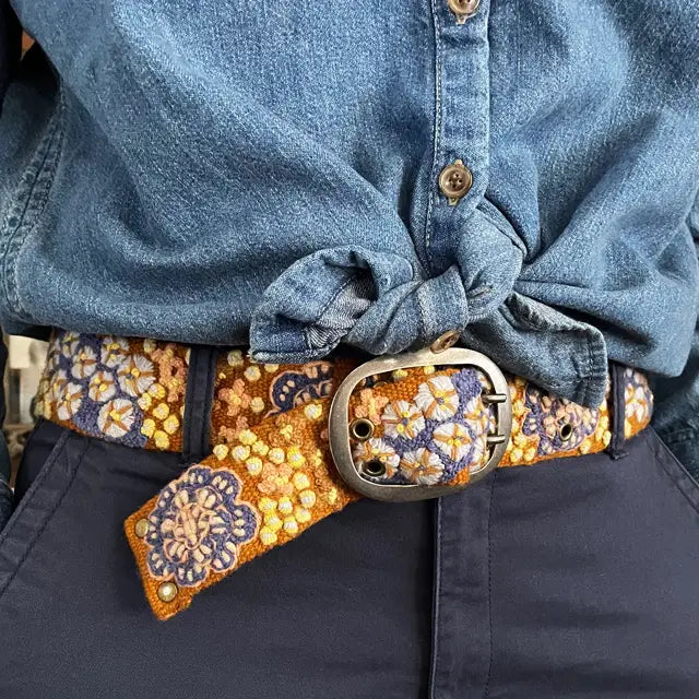 JENNY KRAUSS BLUE SKIES FLORAL EMBROIDERED WOOL BELT