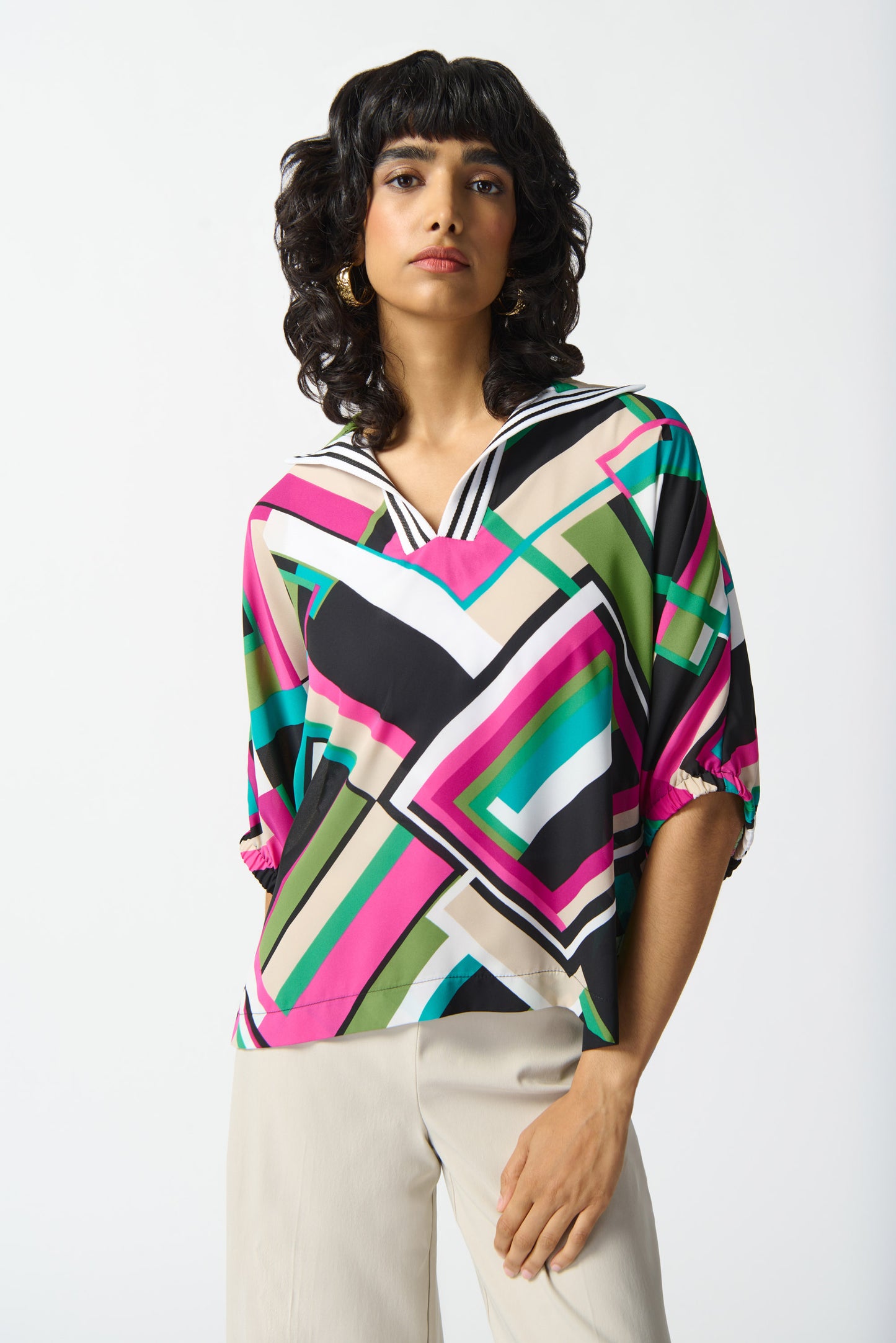 JOSEPH RIBKOFF GEORGETTE GEOMETRIC PRINT BOXY TOP