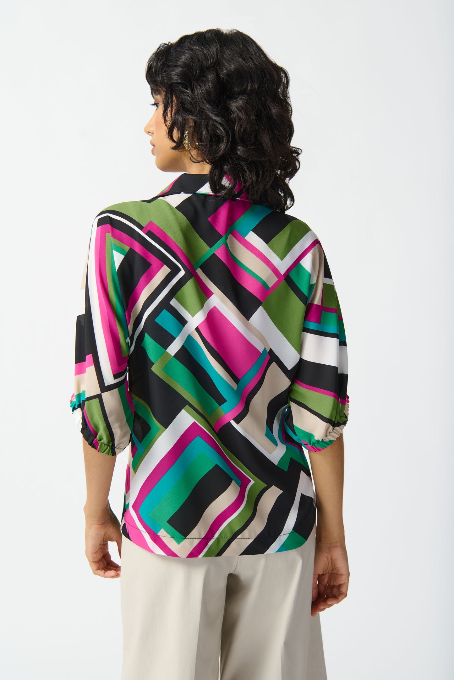 JOSEPH RIBKOFF GEORGETTE GEOMETRIC PRINT BOXY TOP