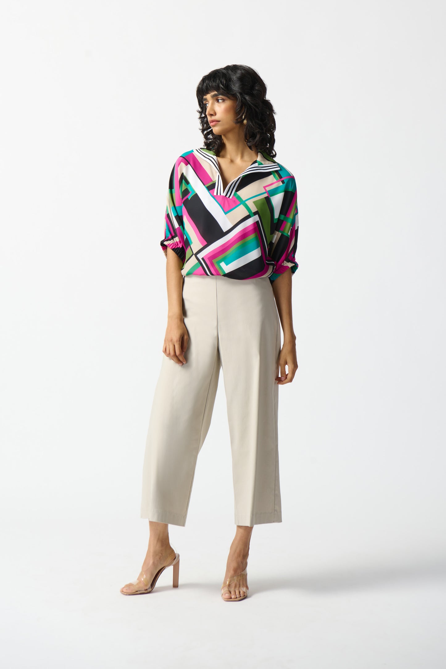 JOSEPH RIBKOFF GEORGETTE GEOMETRIC PRINT BOXY TOP