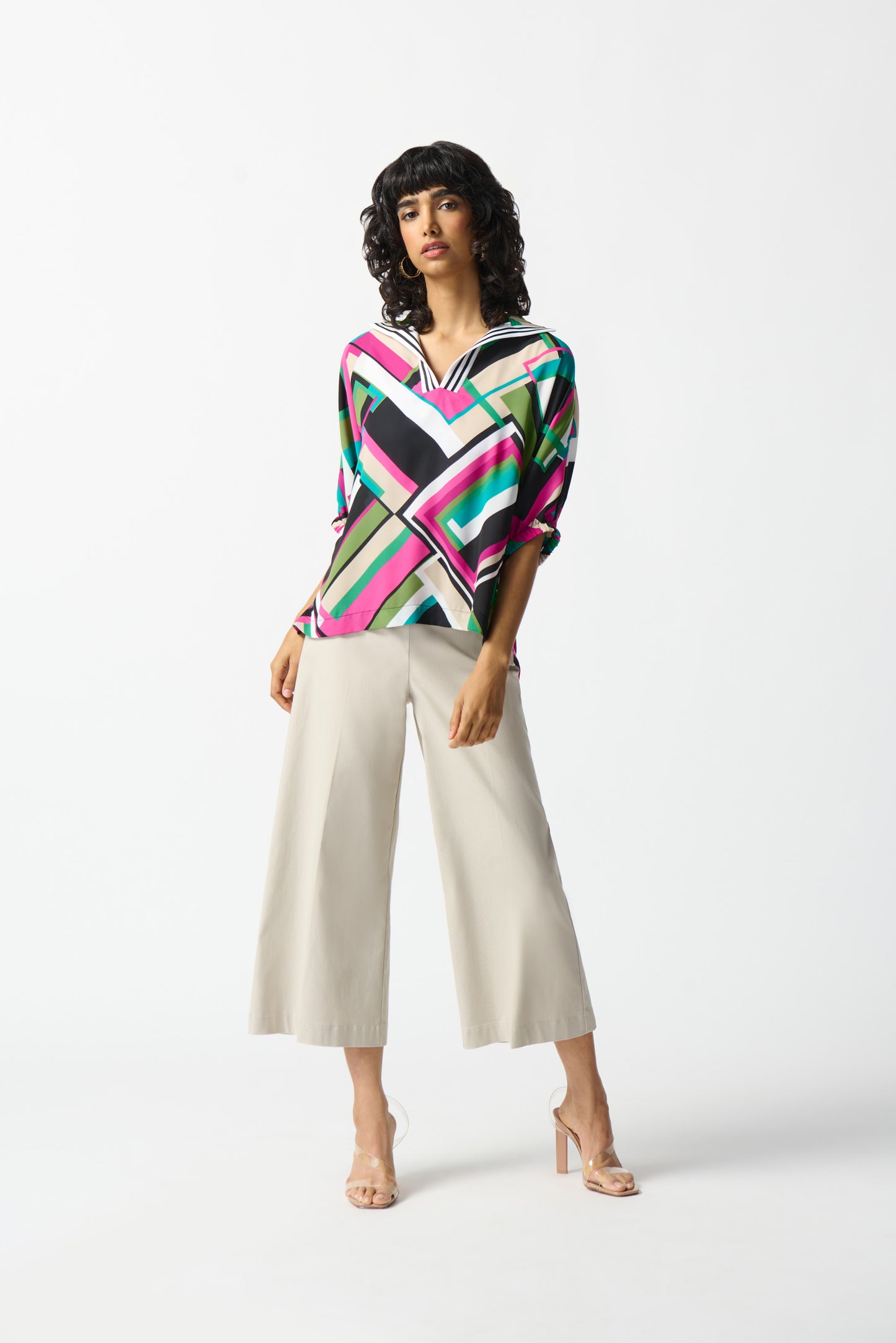 JOSEPH RIBKOFF GEORGETTE GEOMETRIC PRINT BOXY TOP
