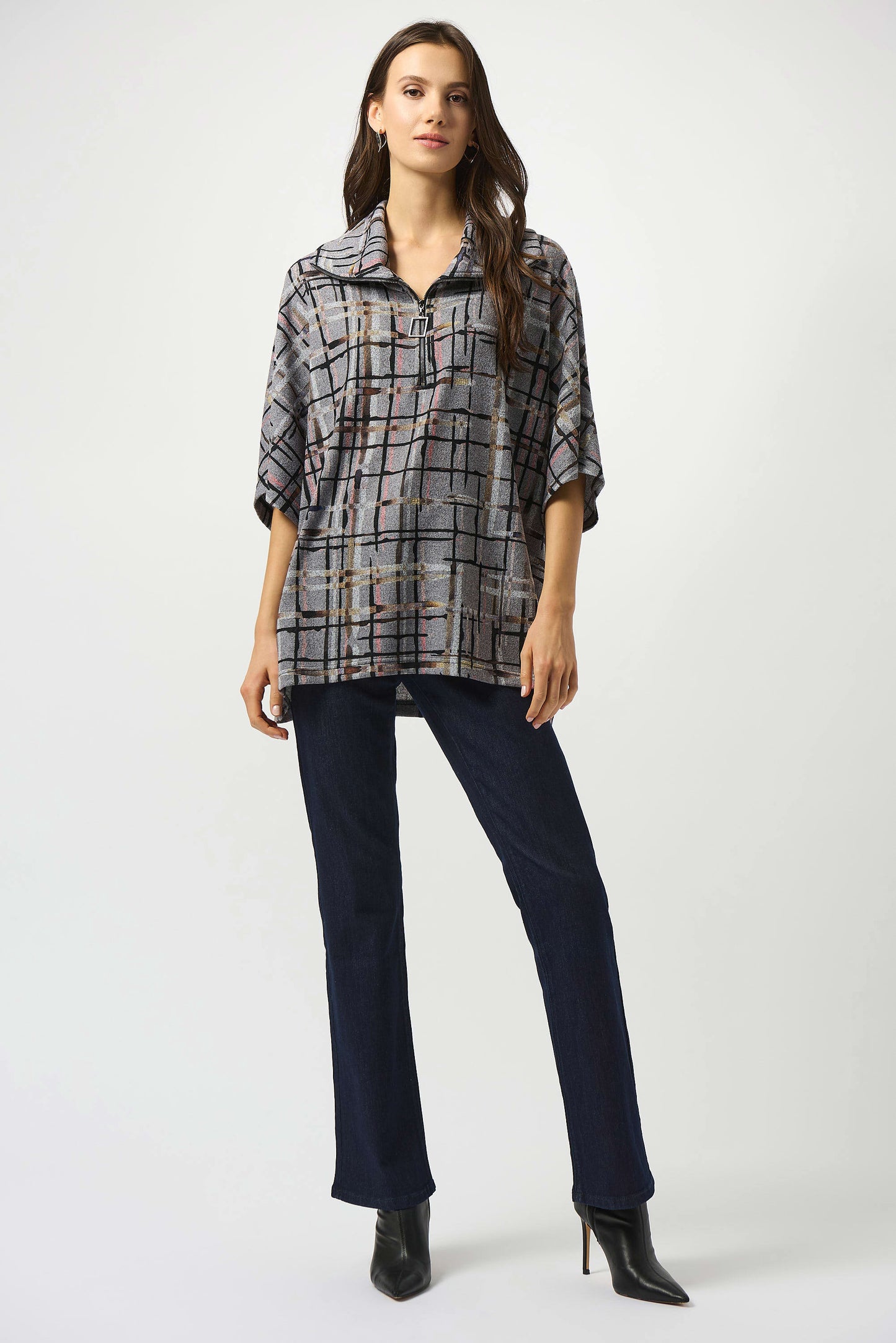 JOSEPH RIBKOFF SWEATER KNIT PLAID PRINT BOXY TOP