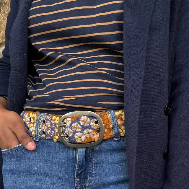 JENNY KRAUSS BLUE SKIES FLORAL EMBROIDERED WOOL BELT