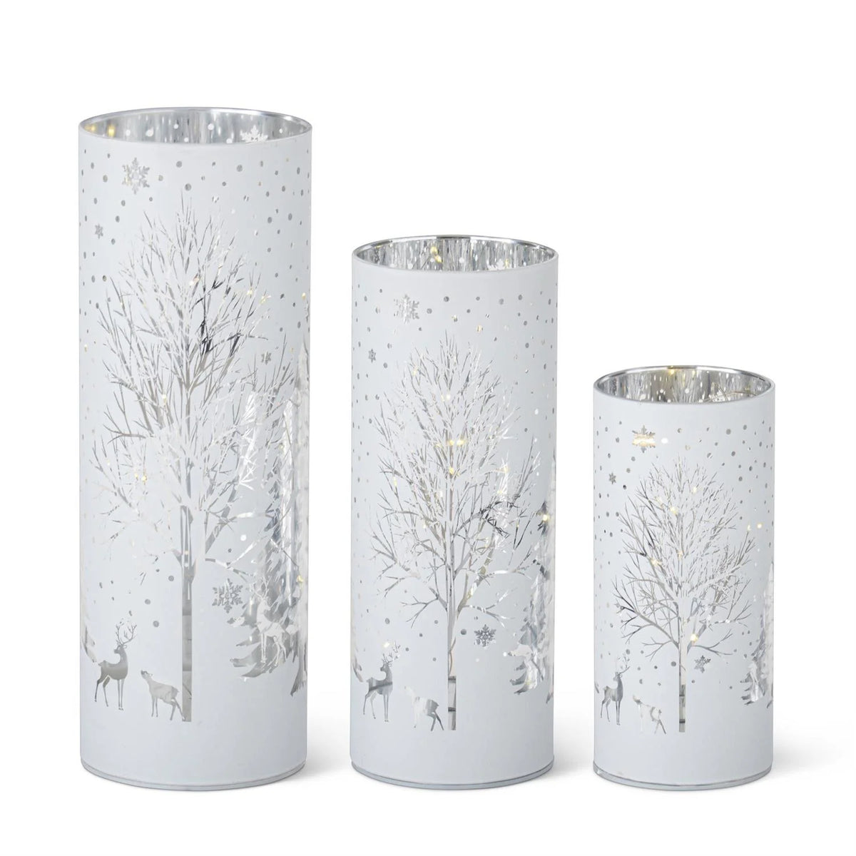 K&K Interiors White Laser Engraved Winter Scene LED Cylinders w/Timers