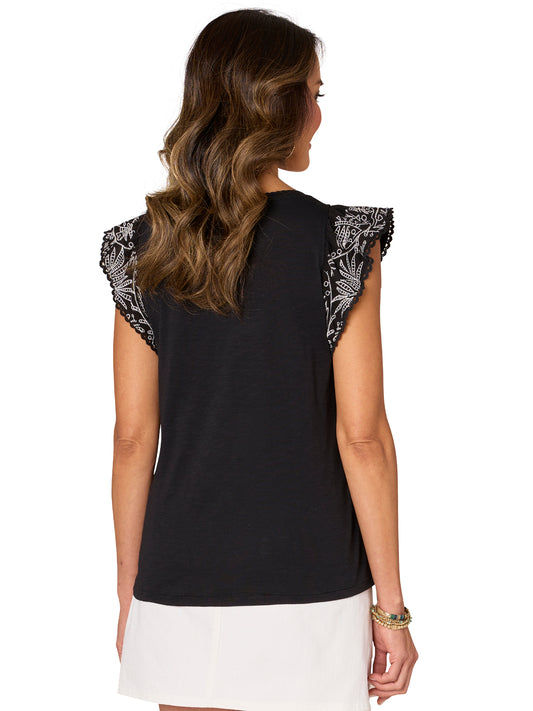 SHORT EMBROIDERED FLUTTER SLEEVE SWEETHEART NECK MIXED MEDIA KNIT TOP