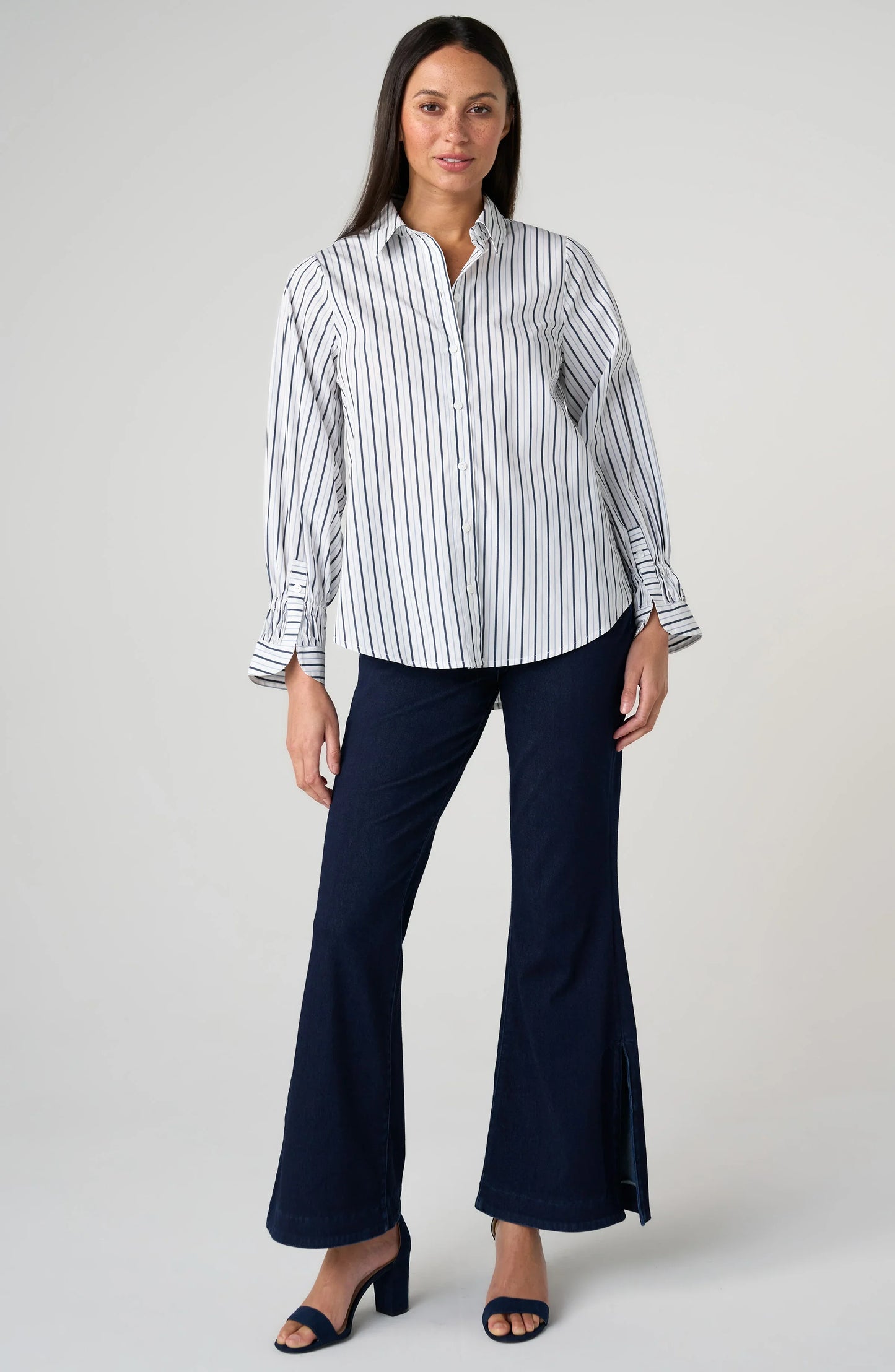 Adjustable Sleeve Button Front Woven Top