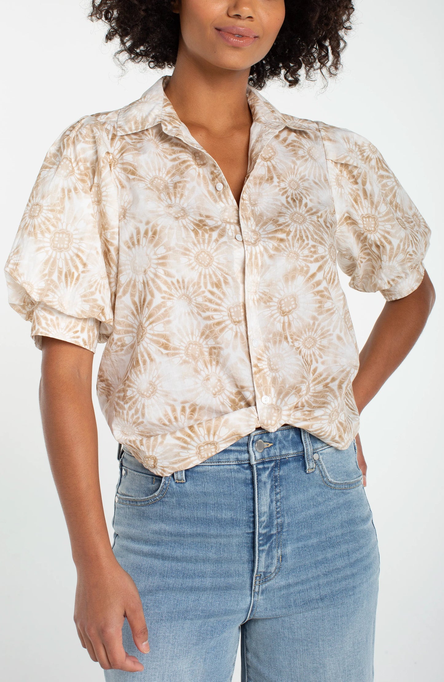 Liverpool Puff Sleeve Button Front Woven Top with Twist