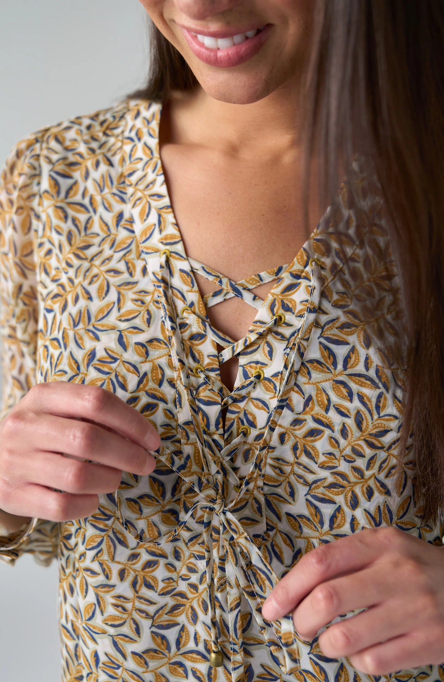 Liverpool Long Sleeve Lace up Front Woven Blouse