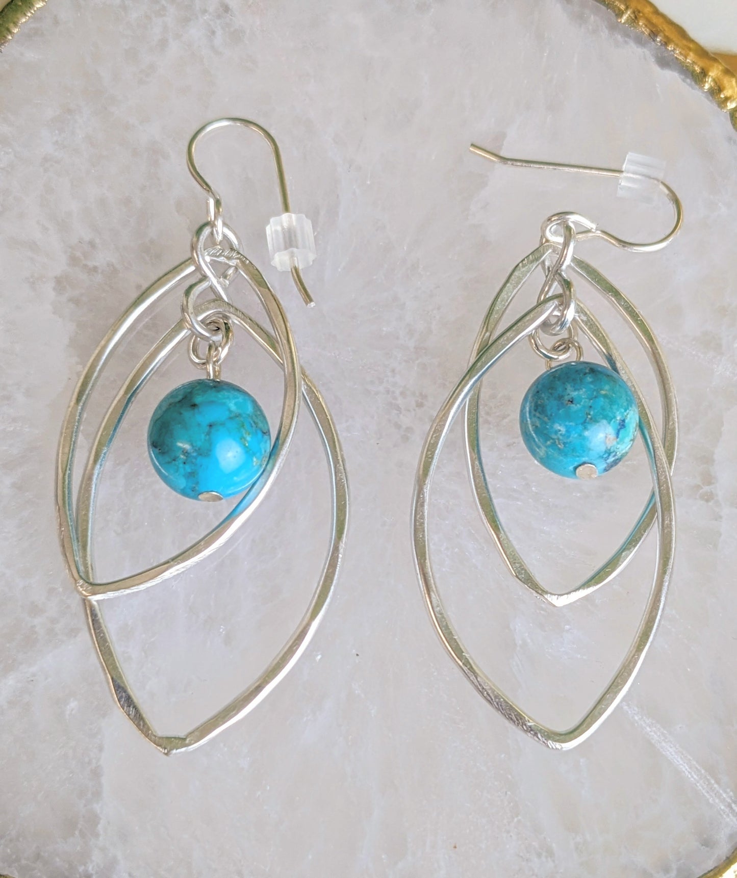 MARJORIE BAER MEDIUM LAYERED LEAF RINGS WITH TURQUOISE BEAD EARRINGS