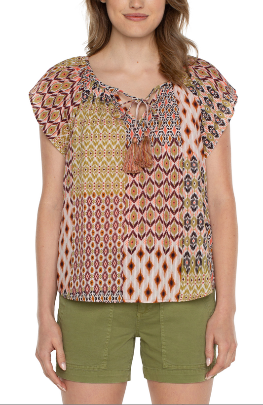 LIVERPOOL FLUTTER SLEEVE WOVEN TOP WITH FRONT TIE