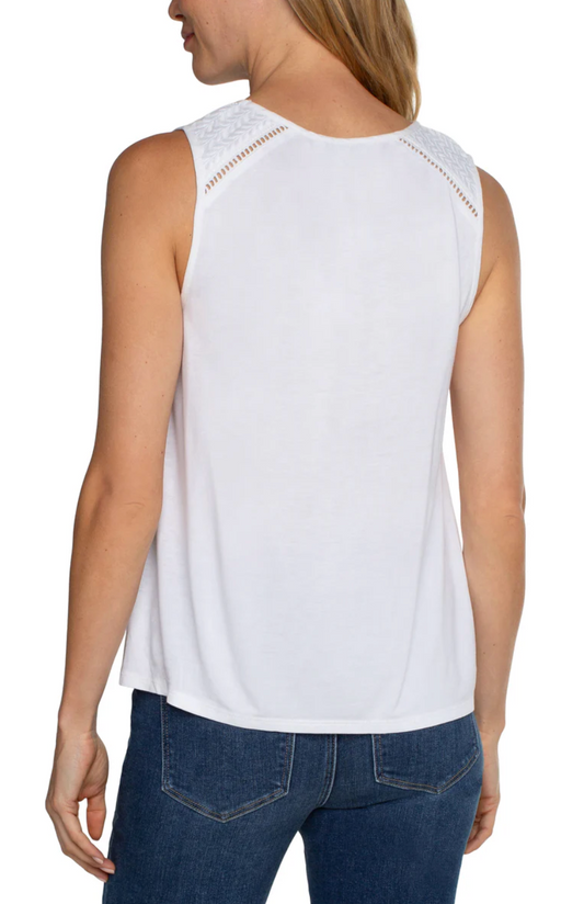 LIVERPOOL EMBROIDERED SLEEVELESS KNIT TO WOVEN MUSCLE TANK