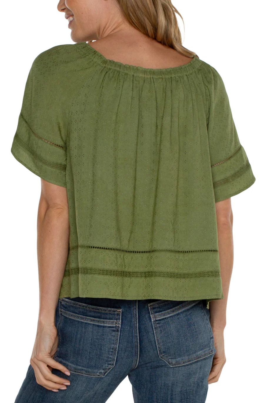 LIVERPOOL CROPPED BELL SLEEVE WOVEN TOP WITH LACE TRIM