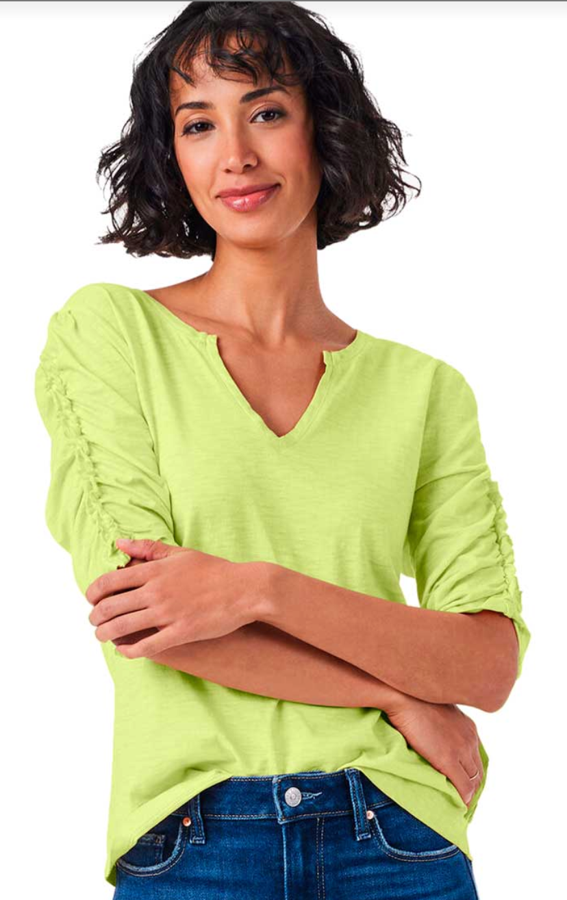 NZT RUCHED ELBOW SLEEVE SPLIT NECK TEE