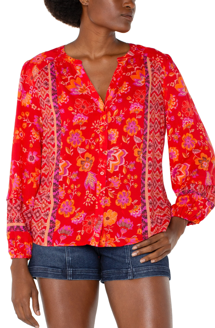 LIVERPOOL LONG SLEEVE BUTTON FRONT SHIRRED WOVEN BLOUSE