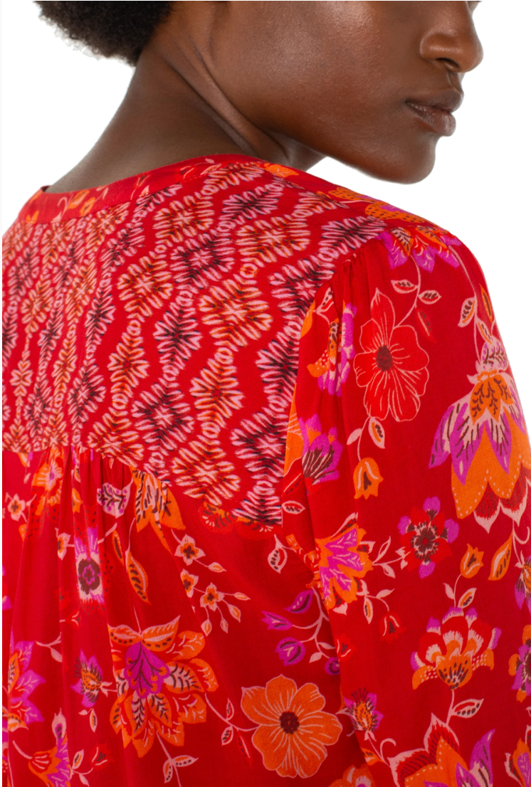 LIVERPOOL LONG SLEEVE BUTTON FRONT SHIRRED WOVEN BLOUSE