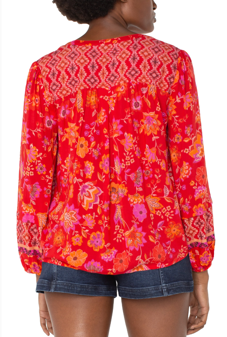 LIVERPOOL LONG SLEEVE BUTTON FRONT SHIRRED WOVEN BLOUSE