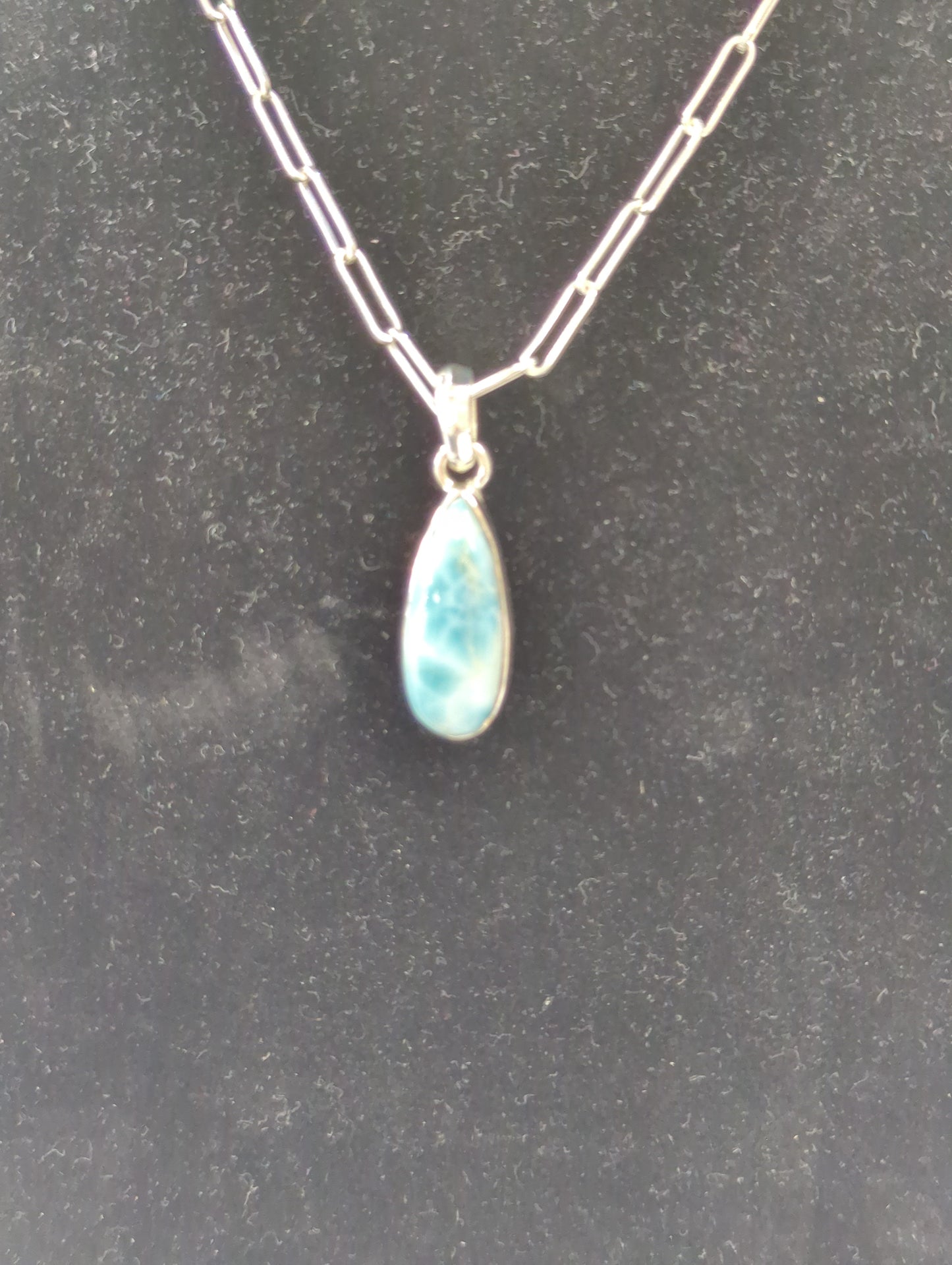 Tear Drop Larimar Pendant on a 20" Silver Chain