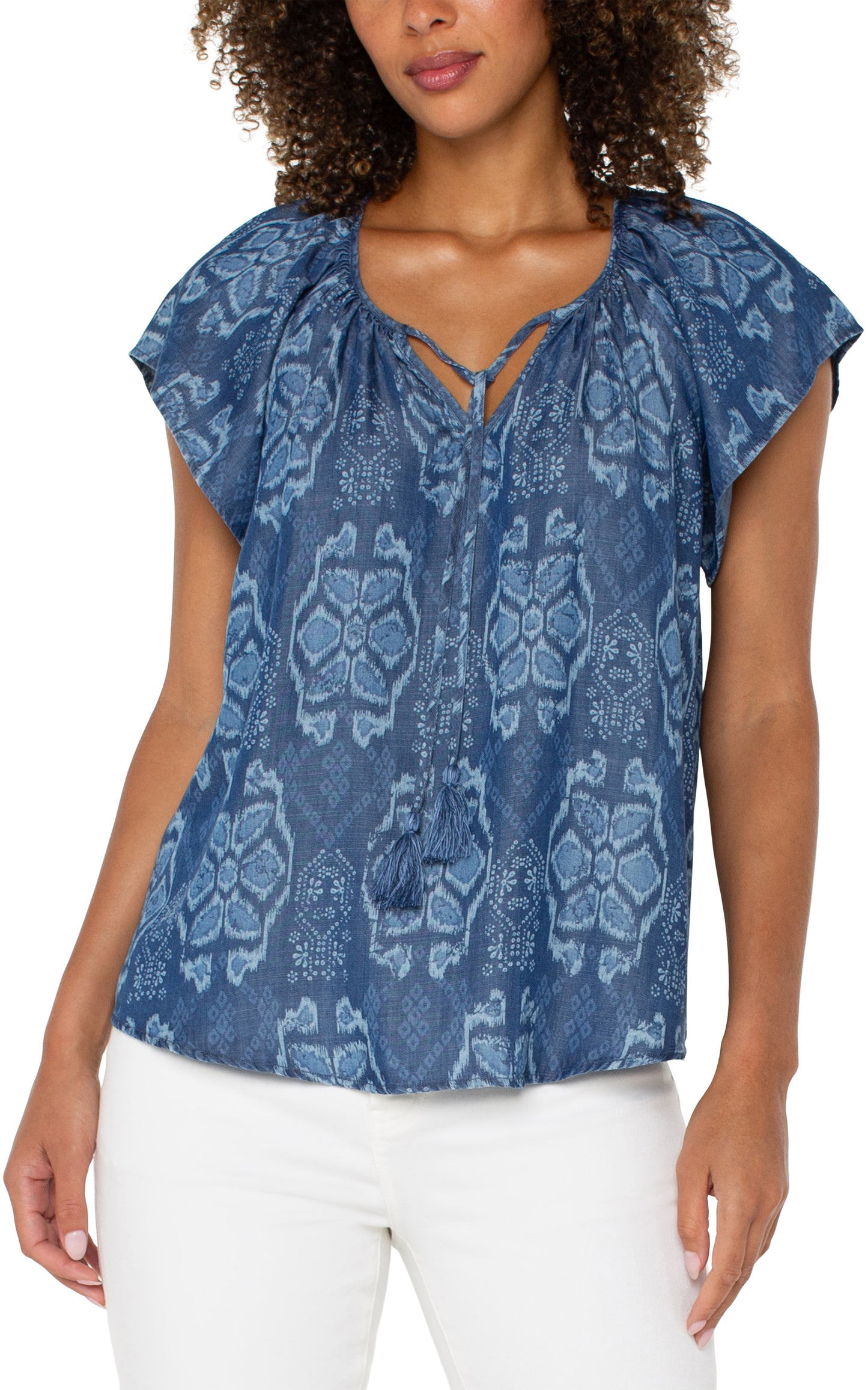 LIVERPOOL FLUTTER SLEEVE WOVEN TOP WITH FRONT TIE DETAIL