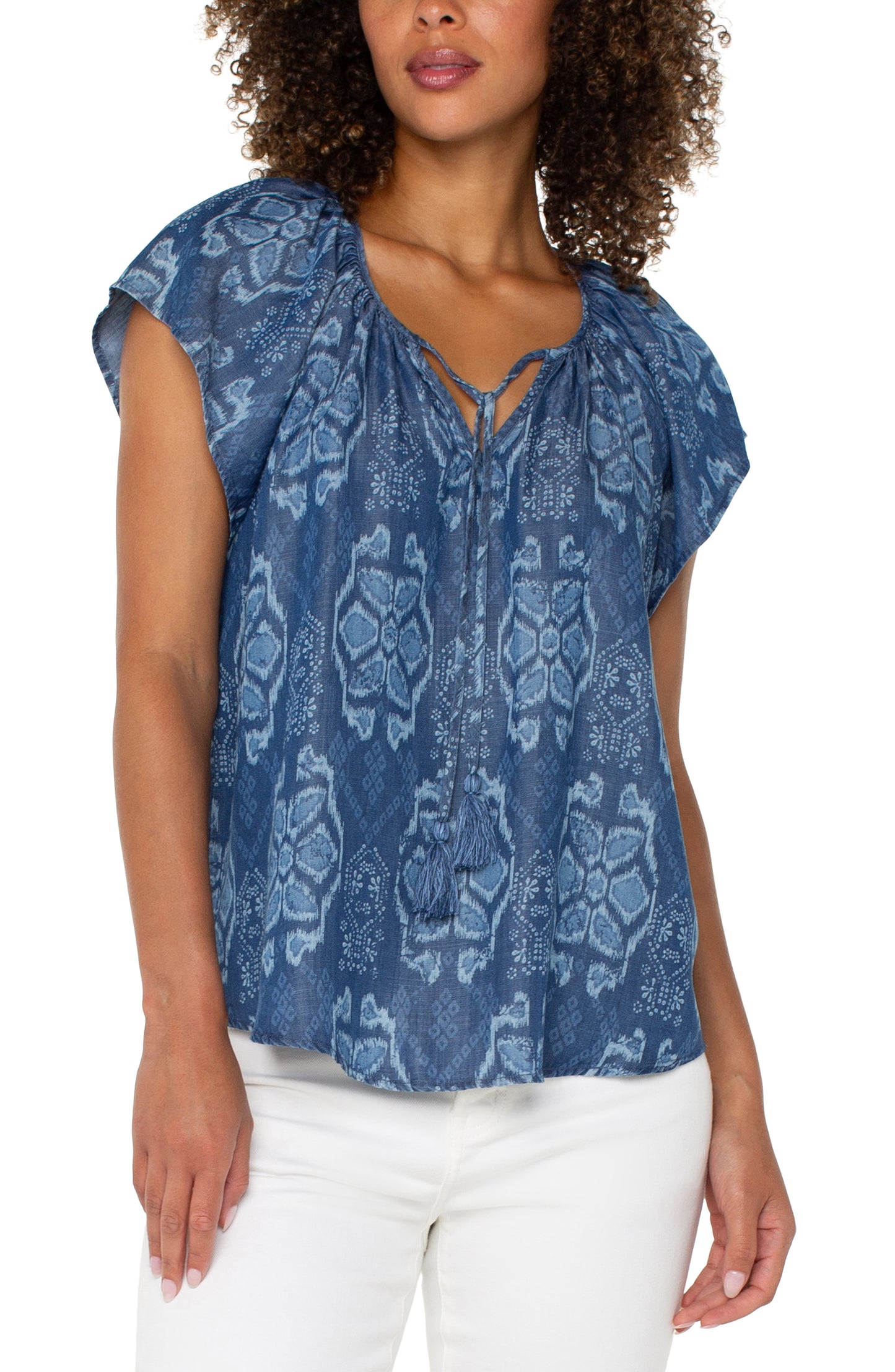 LIVERPOOL FLUTTER SLEEVE WOVEN TOP WITH FRONT TIE DETAIL