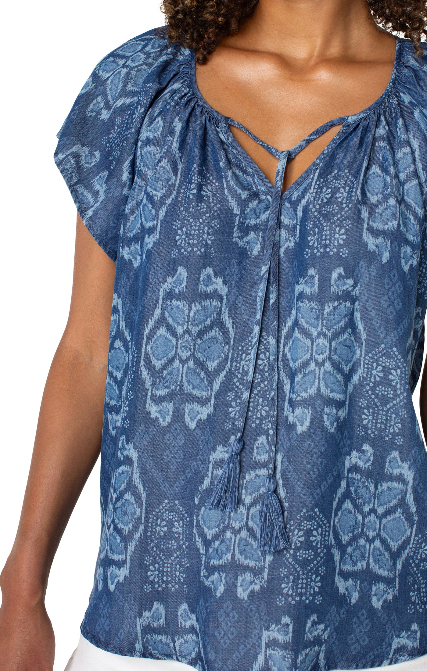 LIVERPOOL FLUTTER SLEEVE WOVEN TOP WITH FRONT TIE DETAIL
