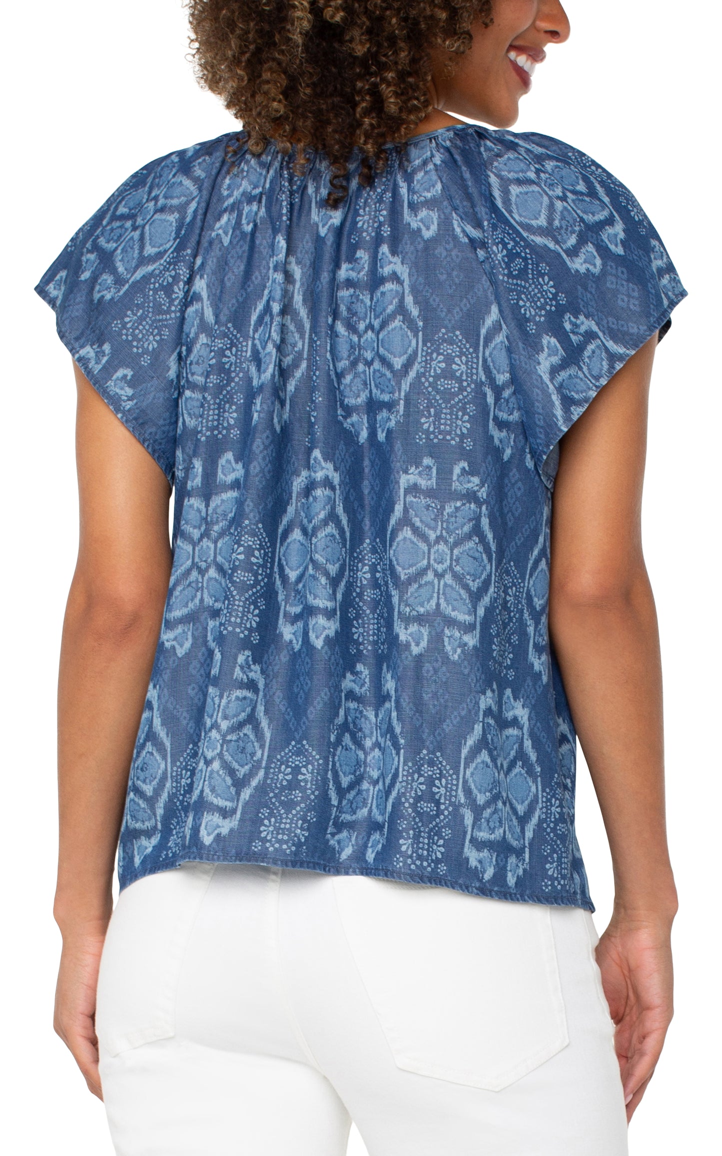 LIVERPOOL FLUTTER SLEEVE WOVEN TOP WITH FRONT TIE DETAIL