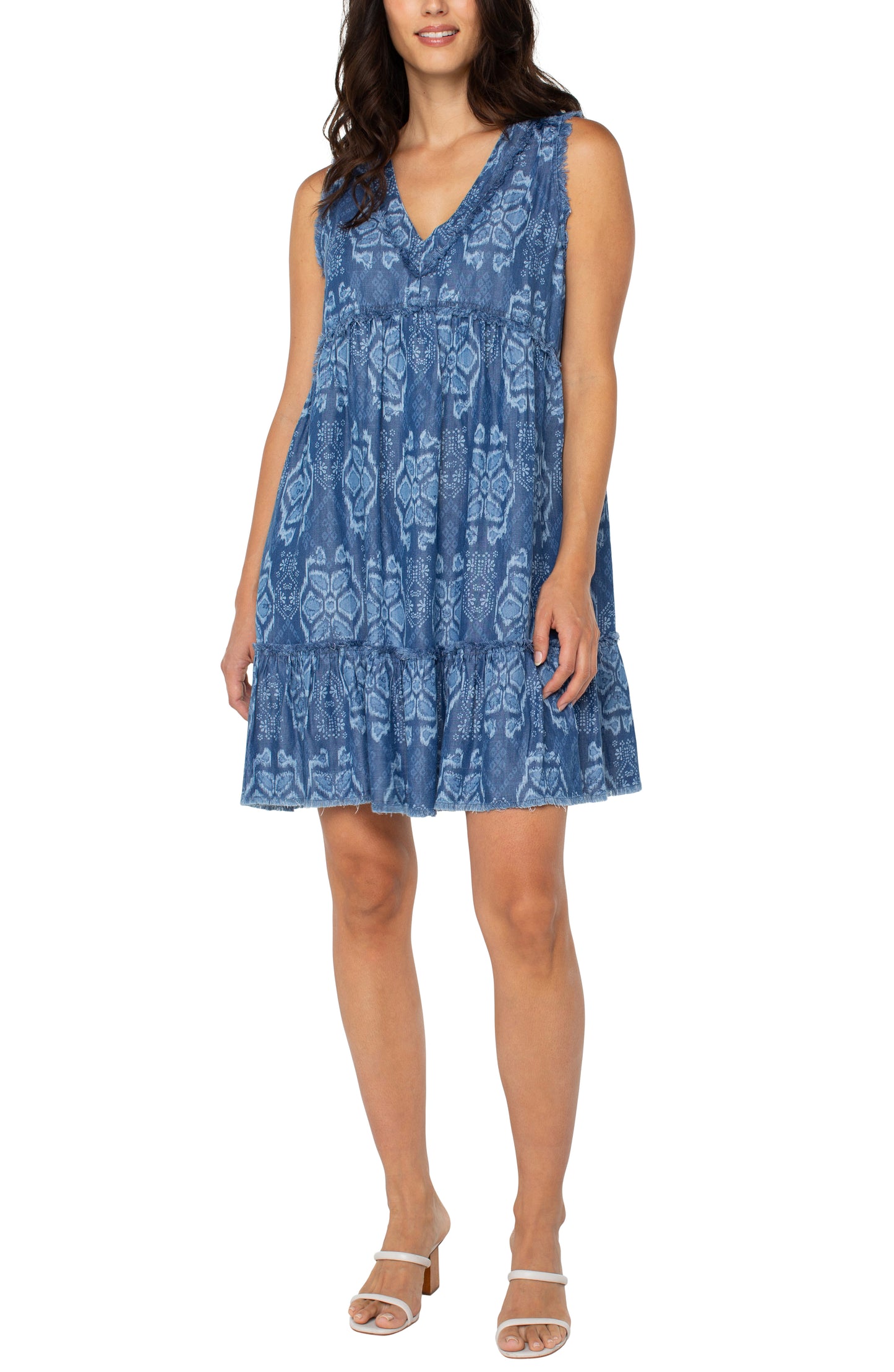 LIVERPOOL EASY V NECK RUFFLE FRAY DRESS WITH POCKETS