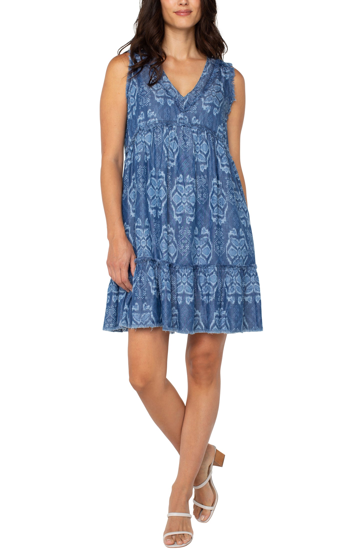 LIVERPOOL EASY V NECK RUFFLE FRAY DRESS WITH POCKETS