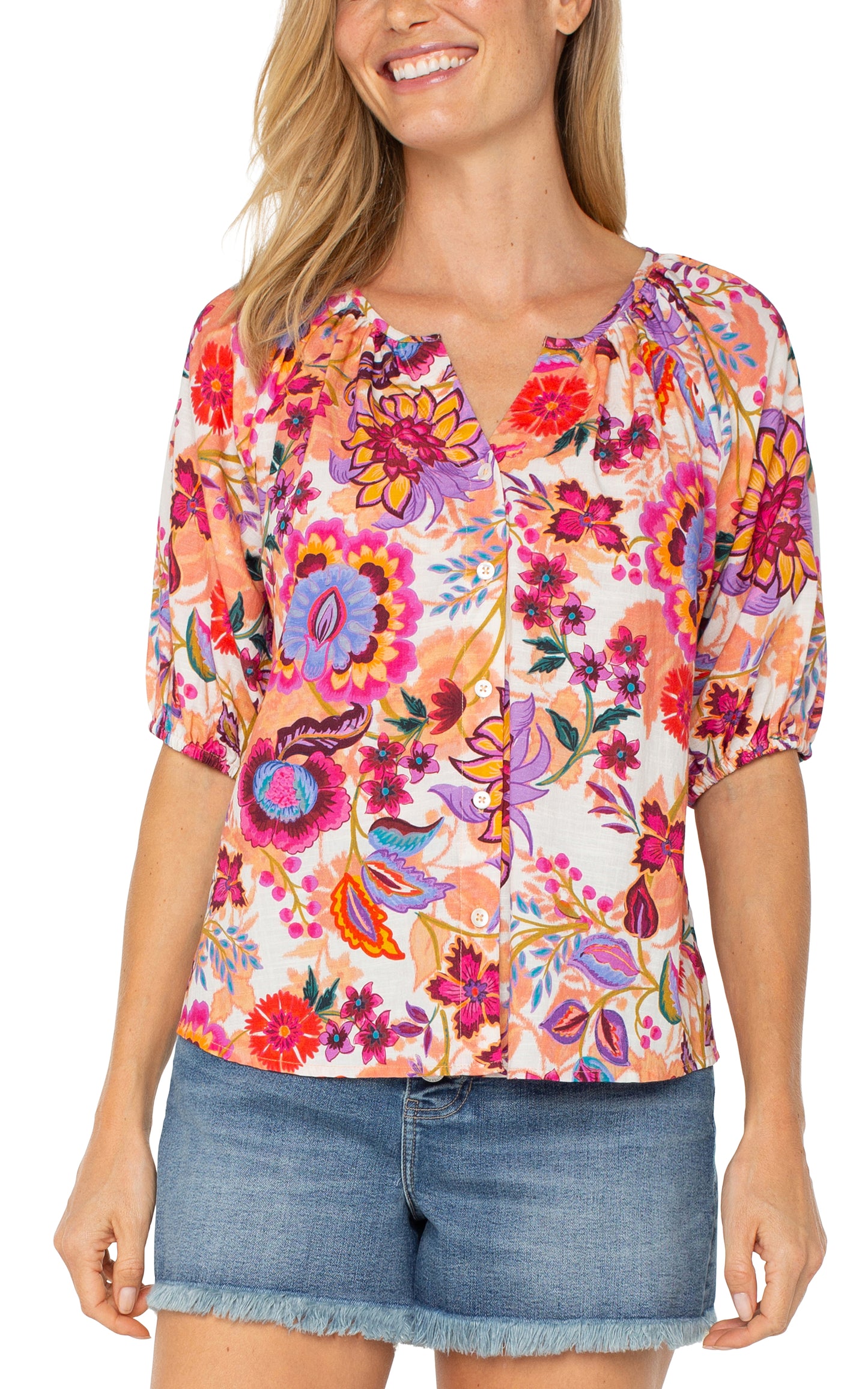 SHORT SLEEVE BUTTON FRONT SHIRRED WOVEN BLOUSE