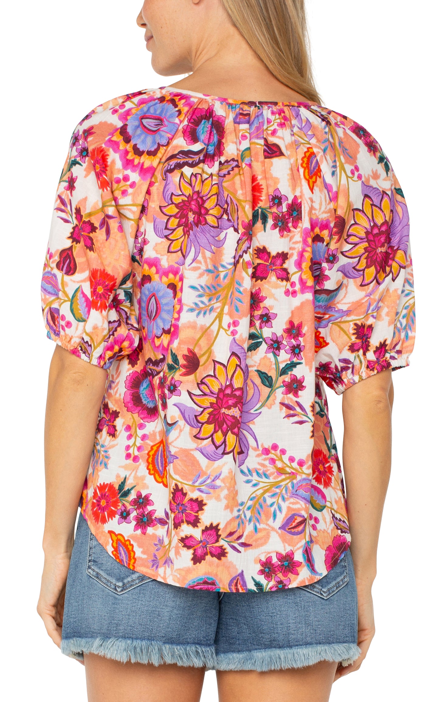 SHORT SLEEVE BUTTON FRONT SHIRRED WOVEN BLOUSE