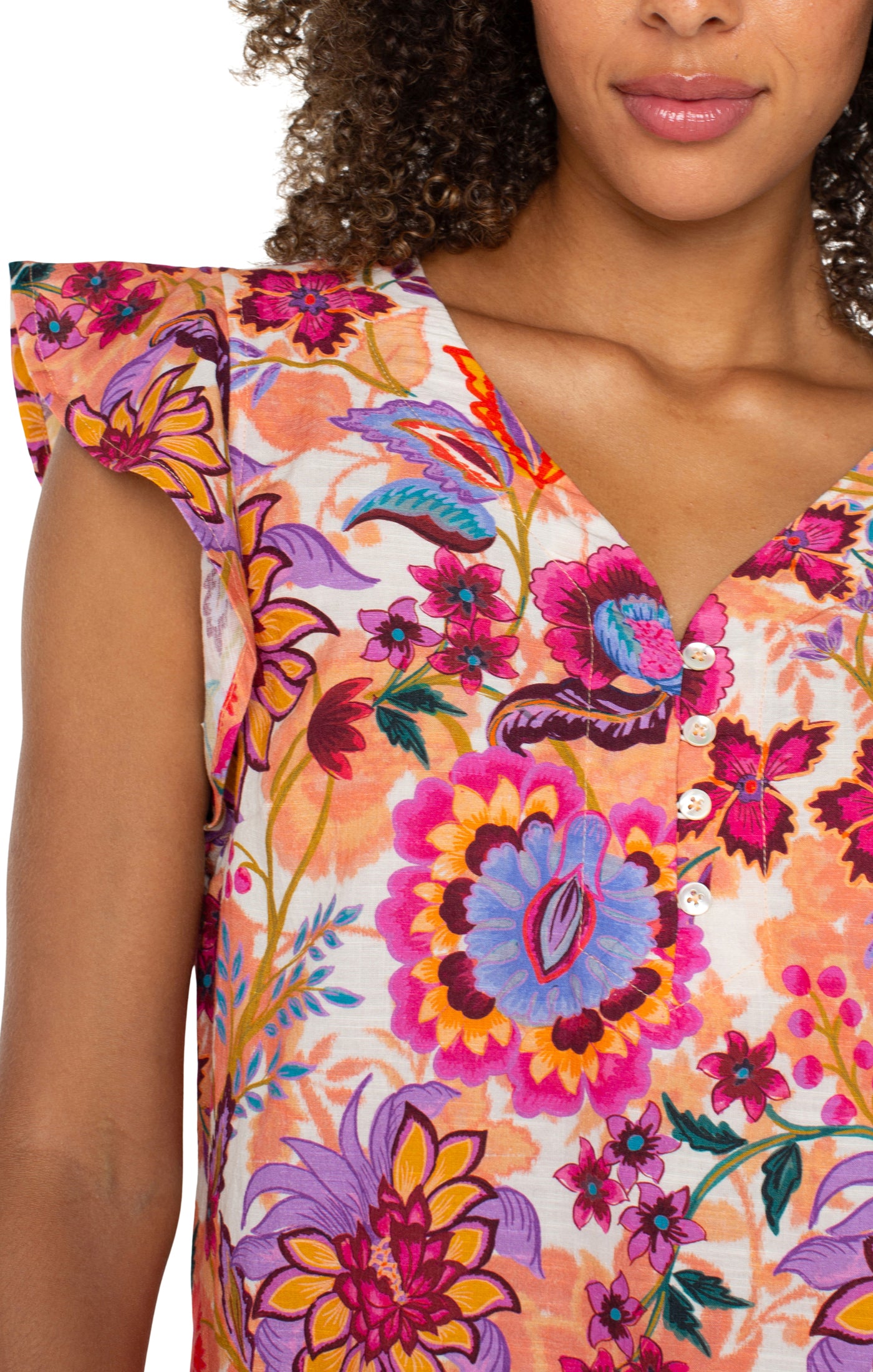 FLUTTER SLEEVE BUTTON FRONT WOVEN BLOUSE