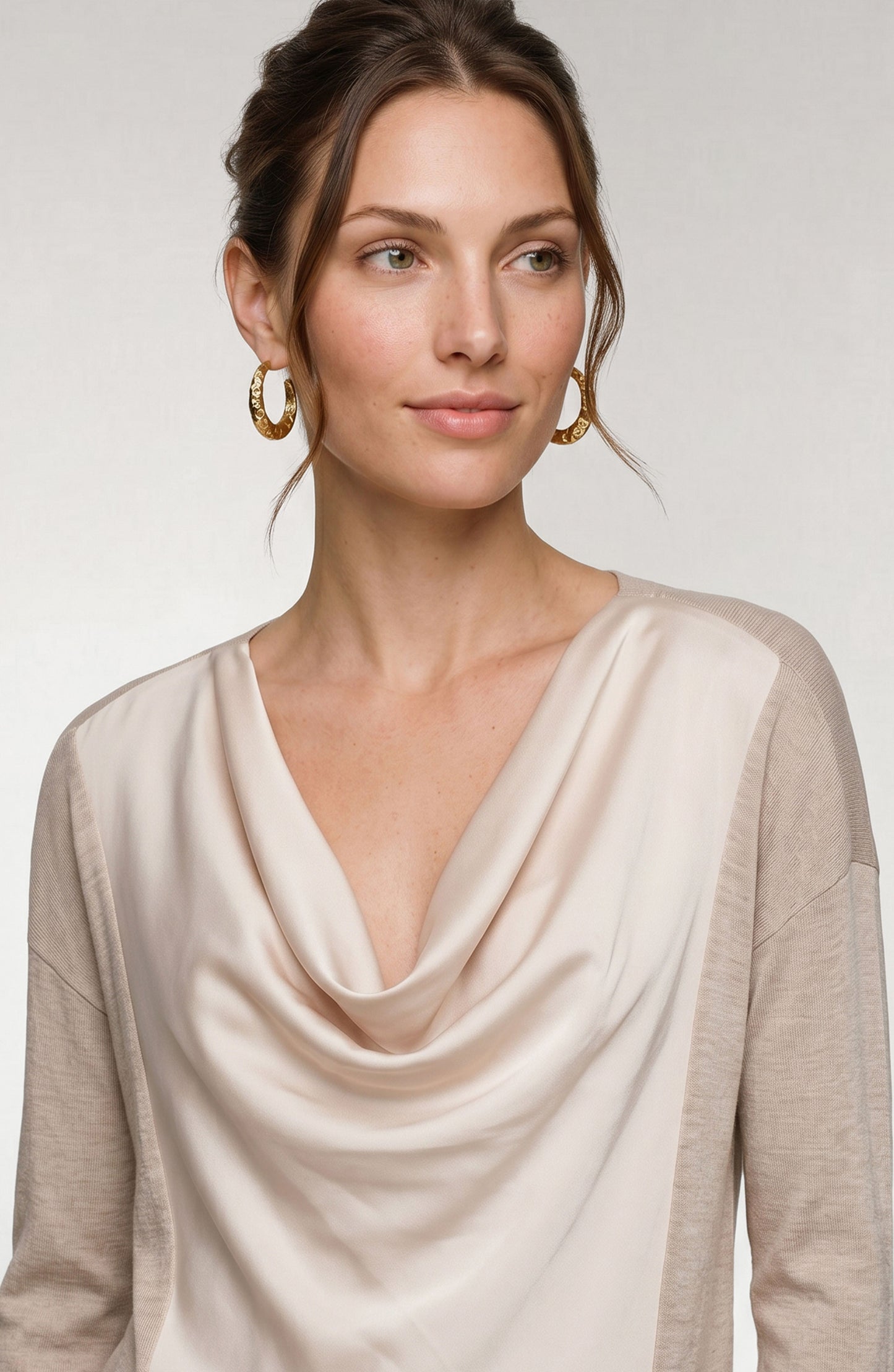 Liverpool Long Sleeve Drape Neck Woven Sweater Hybrid