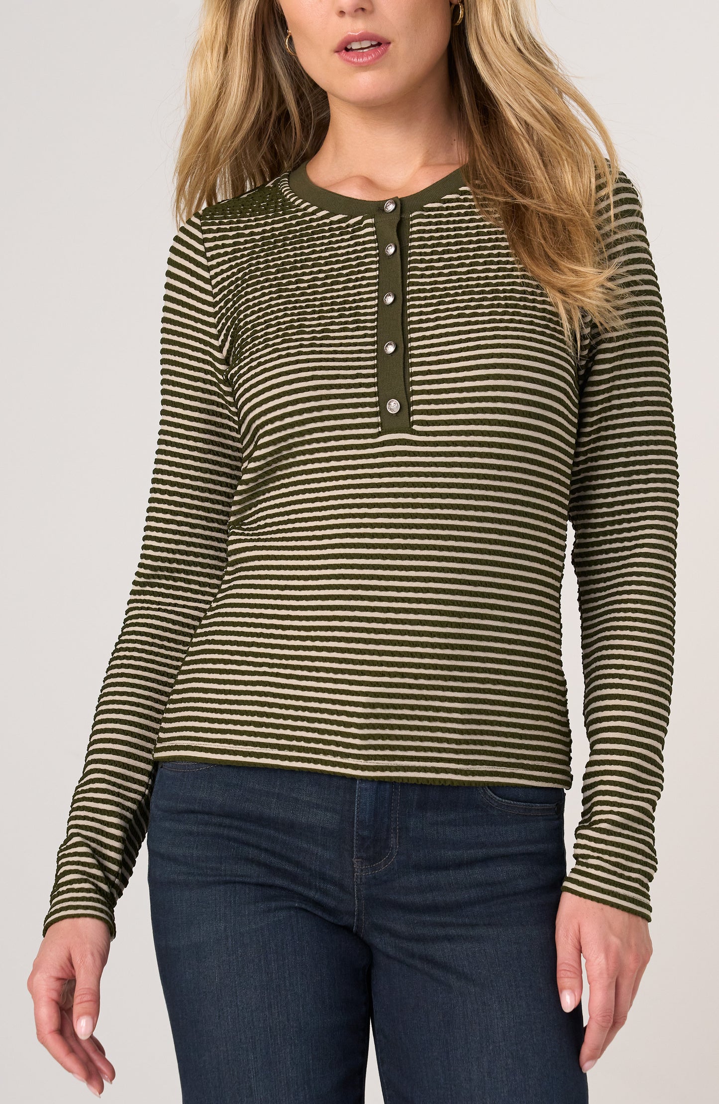Liverpool Long Sleeve Knit Henley Top with Sweater Trim