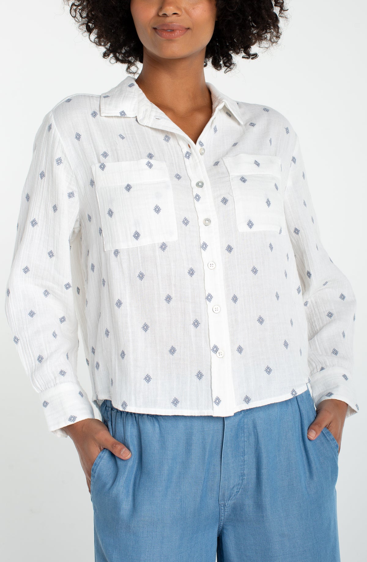 Liverpool Long Sleeve Button Front Shirt With High Low