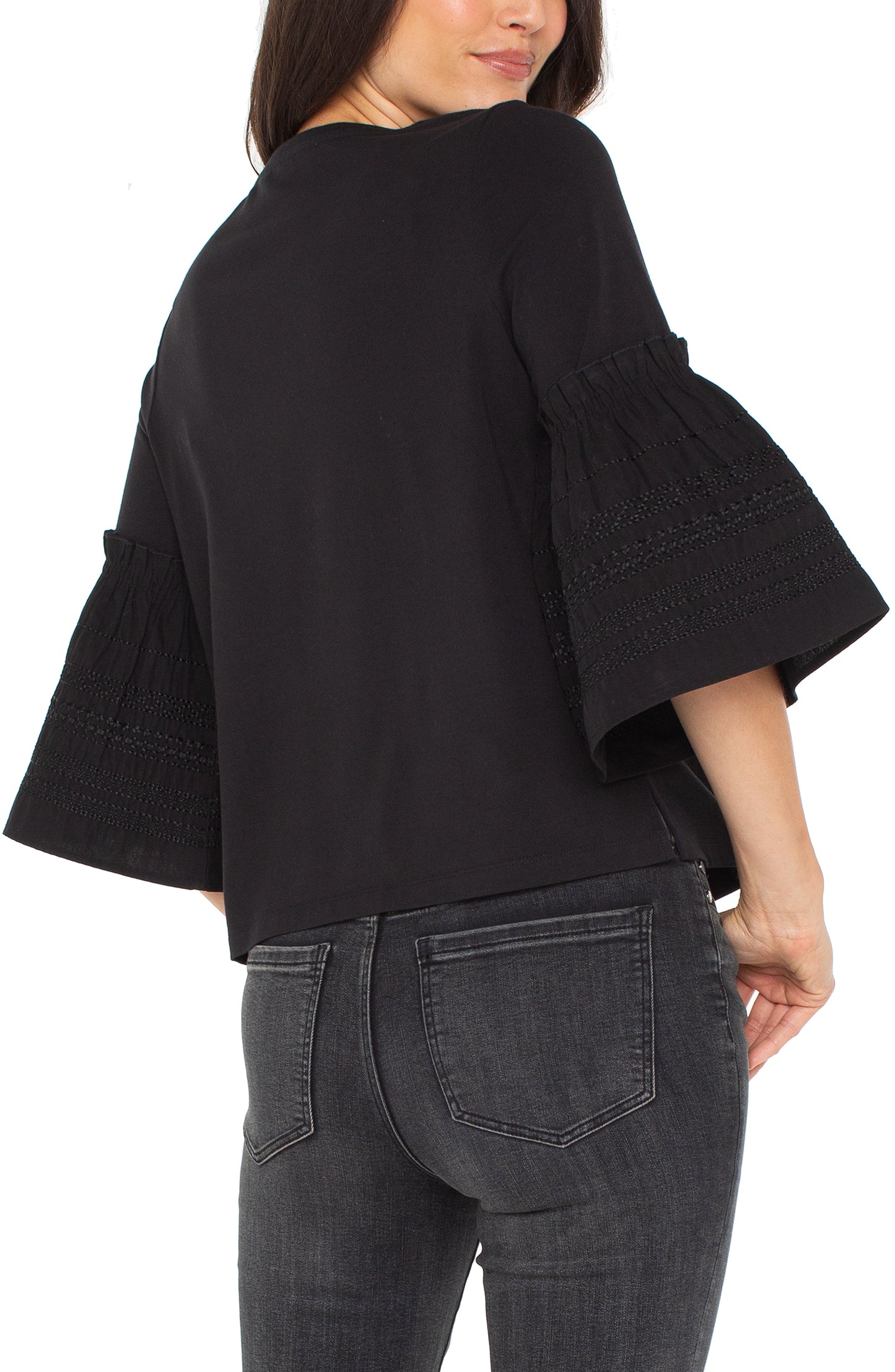 LIVERPOOL 3/4 SLEEVE EMBROIDERED KNIT TO WOVEN TOP