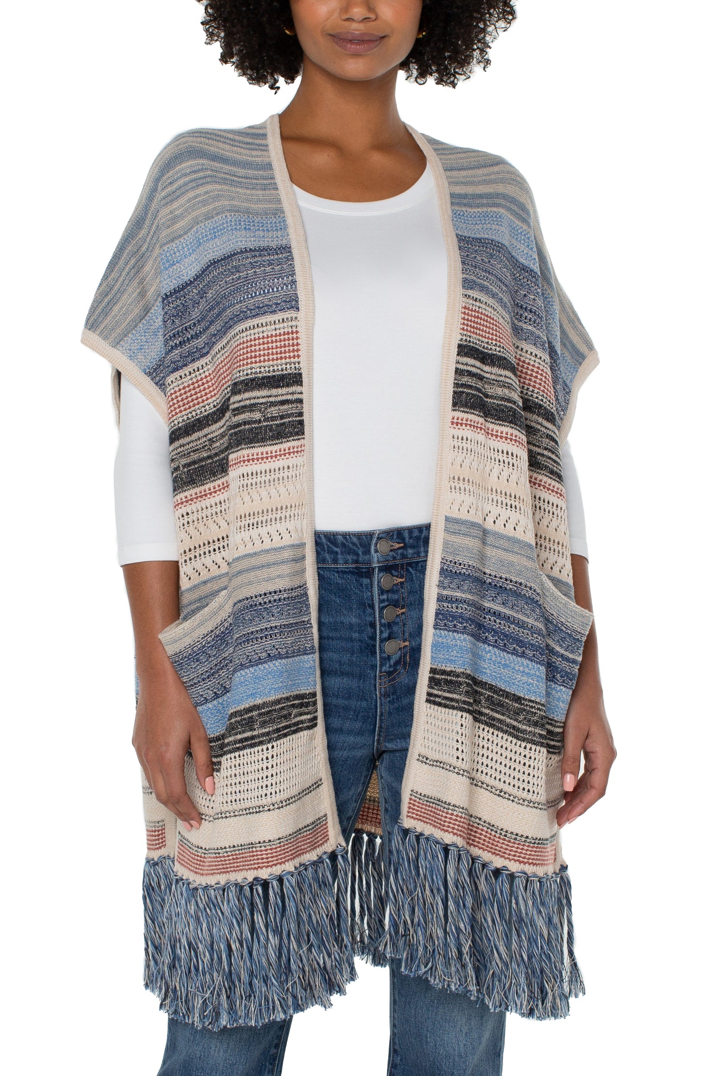 LIVERPOOL SLEEVELESS CARDIGAN SWEATER WITH FRINGE