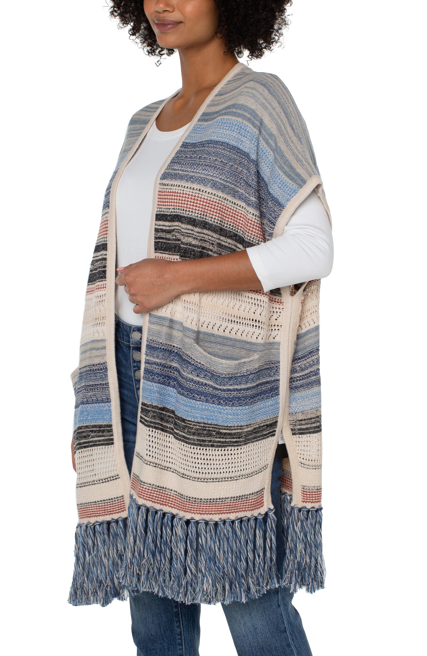 LIVERPOOL SLEEVELESS CARDIGAN SWEATER WITH FRINGE