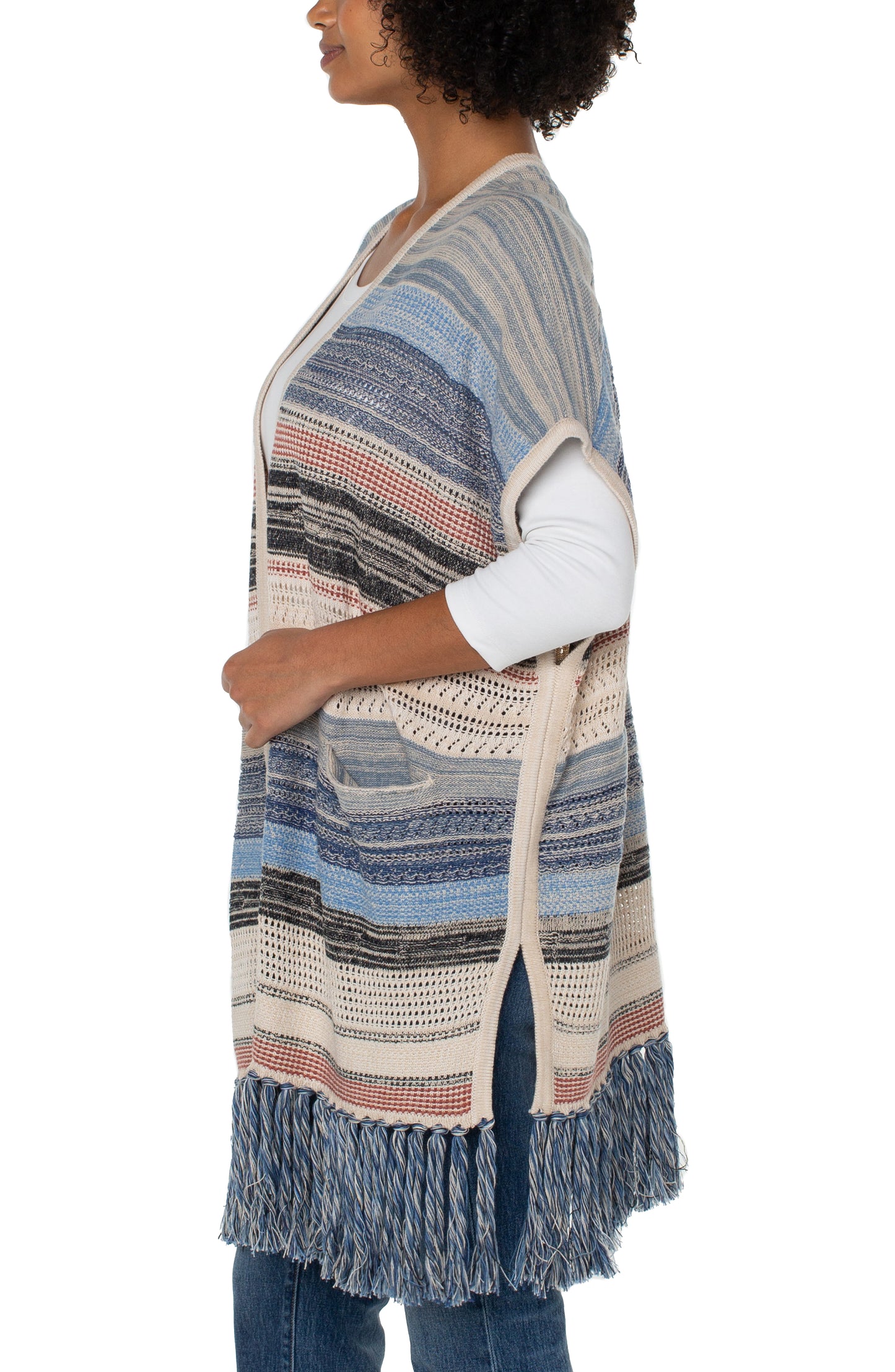 LIVERPOOL SLEEVELESS CARDIGAN SWEATER WITH FRINGE