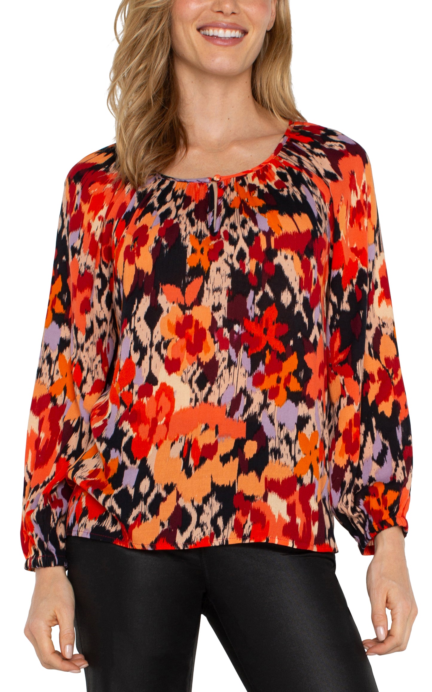 LIVERPOOL LONG SLEEVE SHIRRED WOVEN BLOUSE