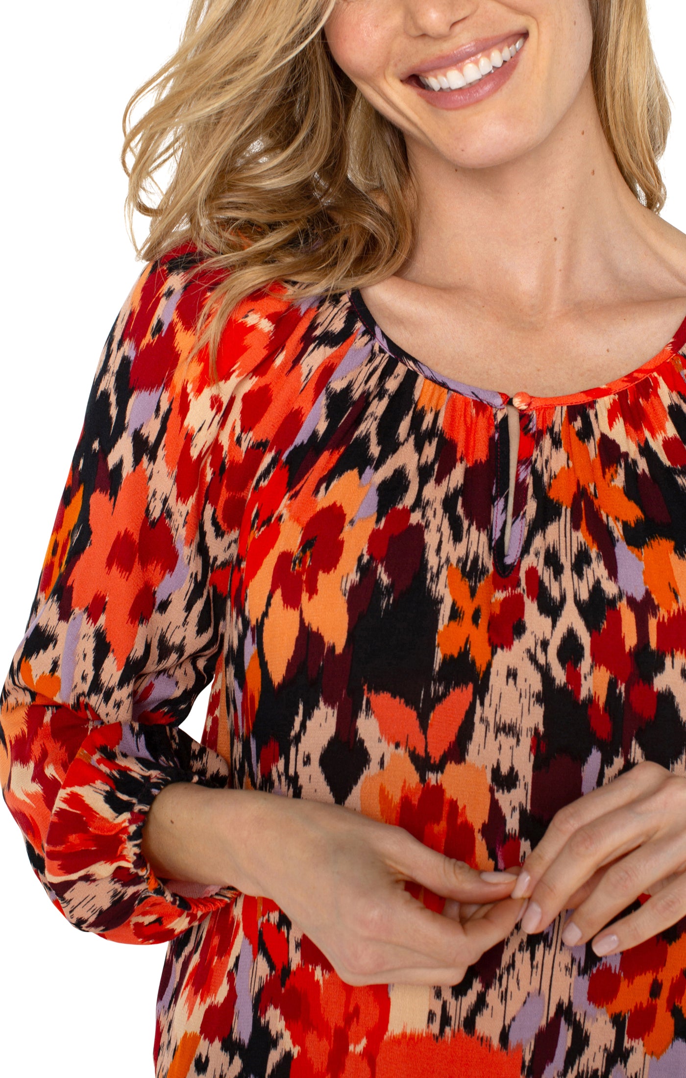 LIVERPOOL LONG SLEEVE SHIRRED WOVEN BLOUSE