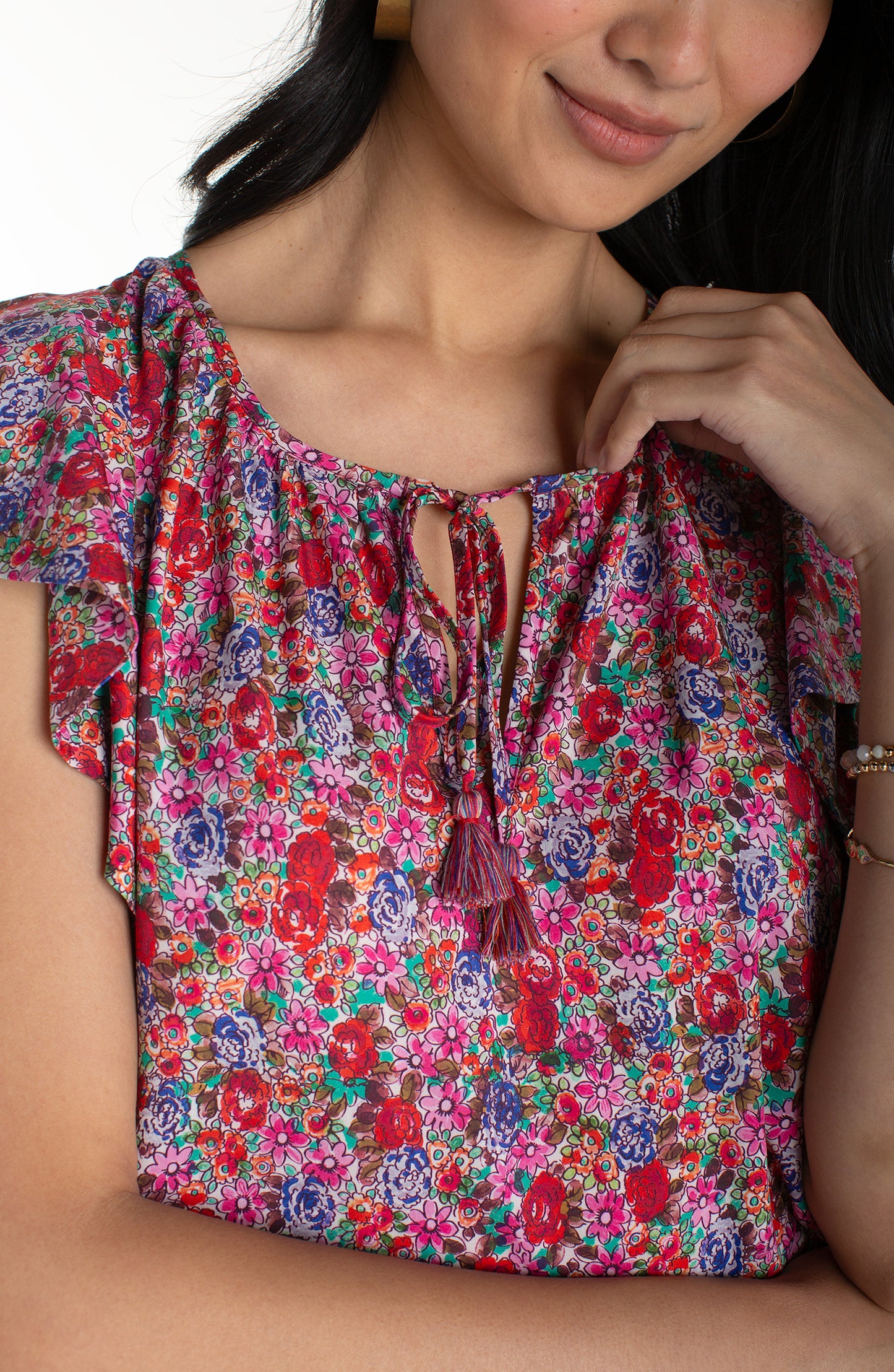 Liverpool Flutter Sleeve Peplum Woven Top With Ties