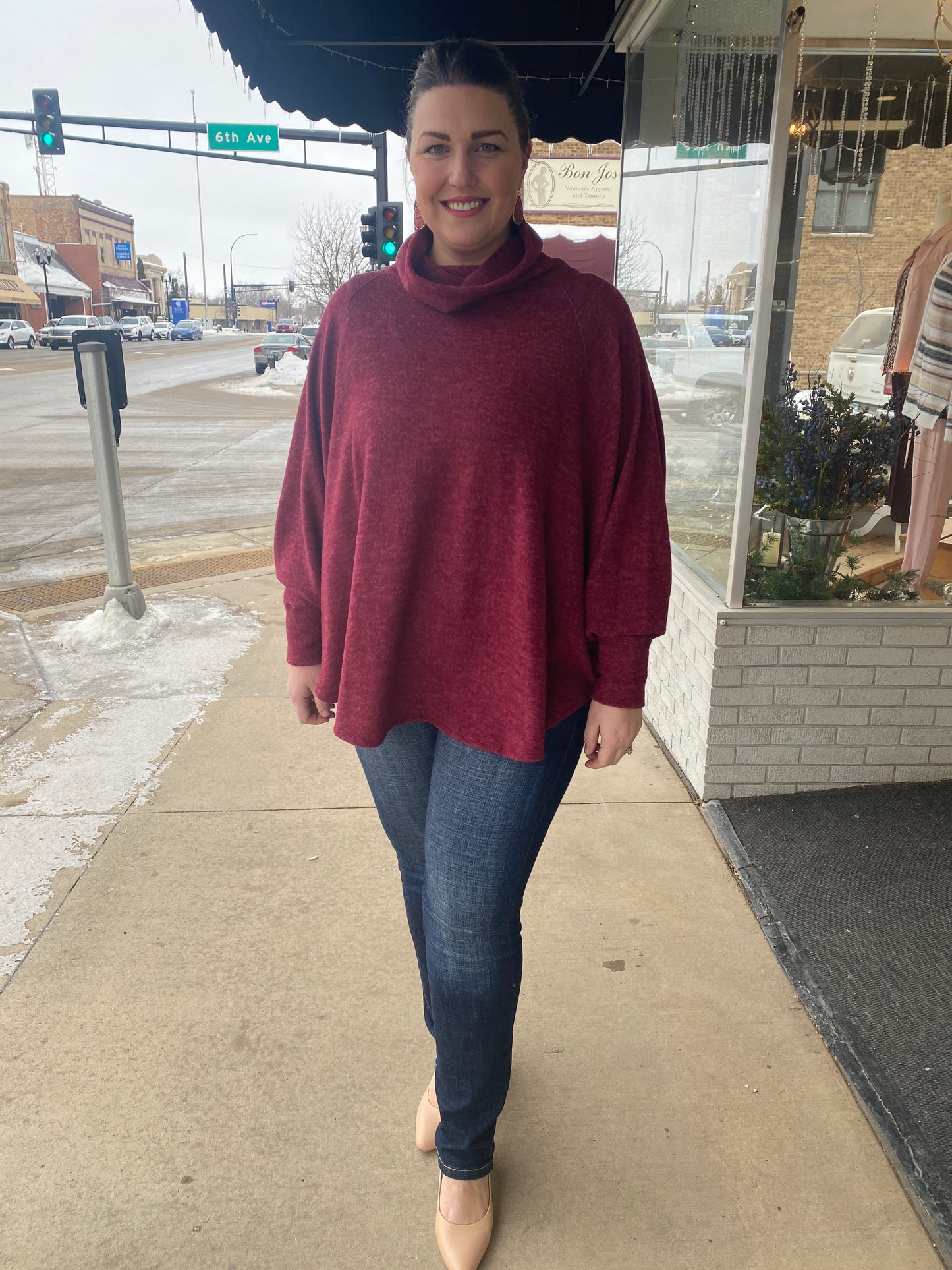 BRUSHED TURTLE NECK CUFF SLEEVE OVER SIZE TOP