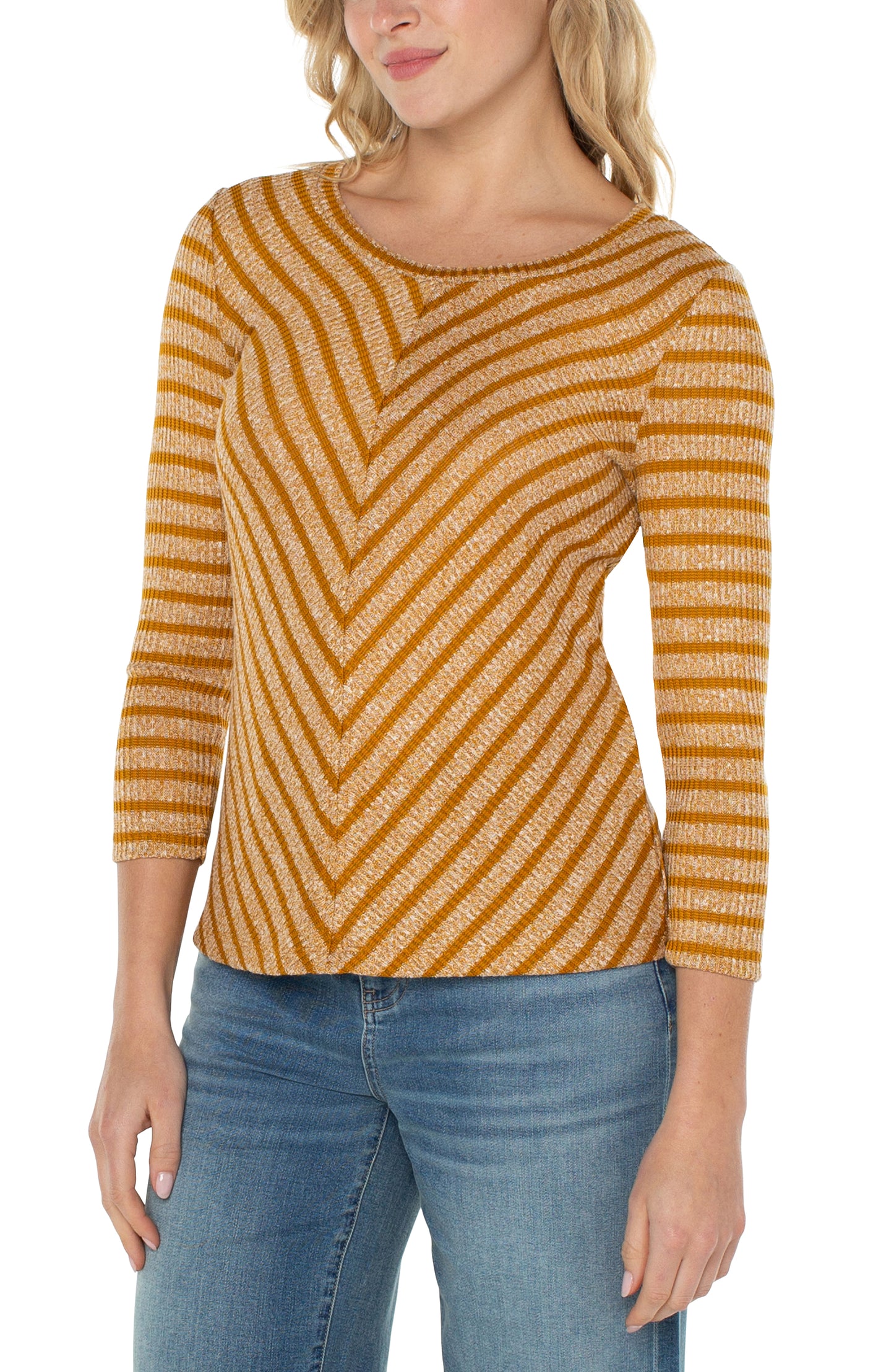 LIVERPOOL 3/4 LENGTH SLEEVE MITER FRONT SCOOP NECK KNIT TOP