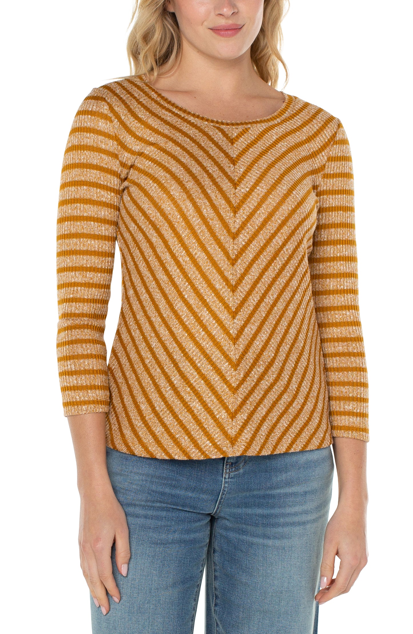 LIVERPOOL 3/4 LENGTH SLEEVE MITER FRONT SCOOP NECK KNIT TOP