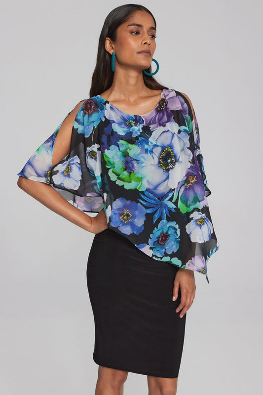 JOSEPH RIBKOFF FLORAL PRINT CHIFFON AND SILKY KNIT DRESS