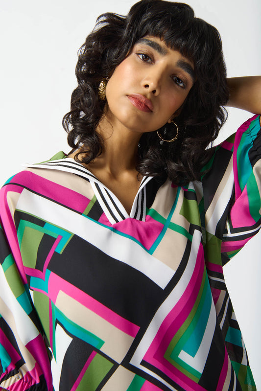 JOSEPH RIBKOFF GEORGETTE GEOMETRIC PRINT BOXY TOP