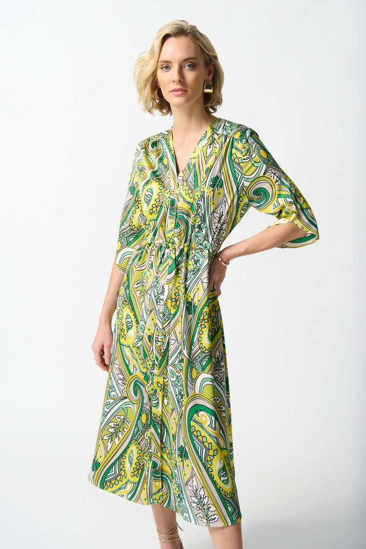 JOSEPH RIBKOFF SATIN PAISLEY PRINT SHIRT DRESS