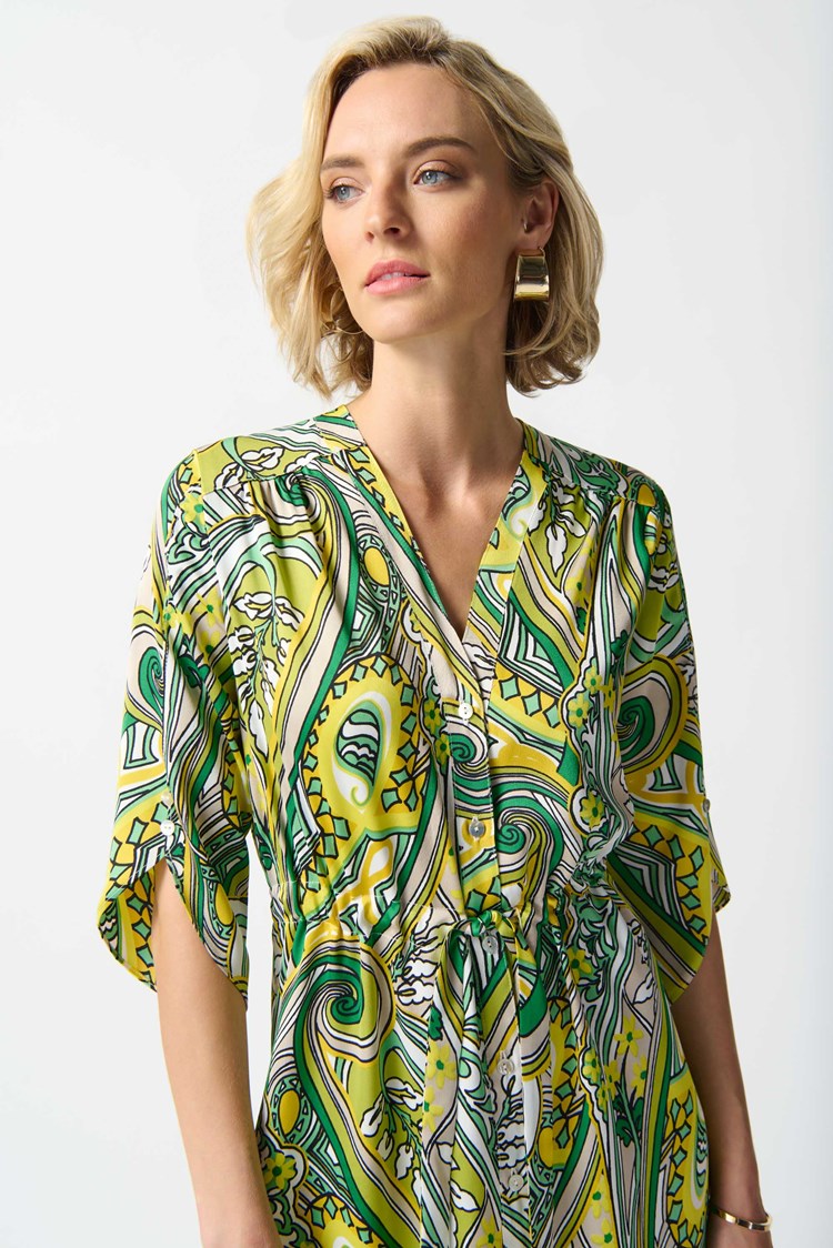 JOSEPH RIBKOFF SATIN PAISLEY PRINT SHIRT DRESS