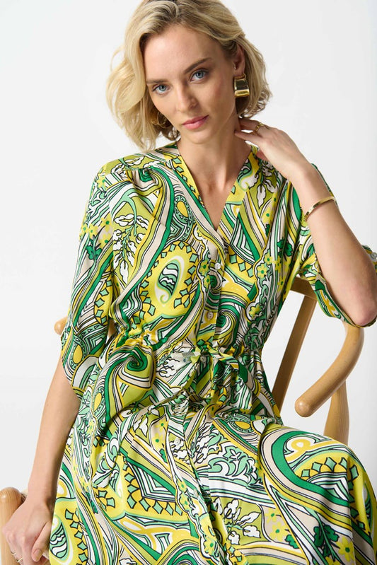 JOSEPH RIBKOFF SATIN PAISLEY PRINT SHIRT DRESS