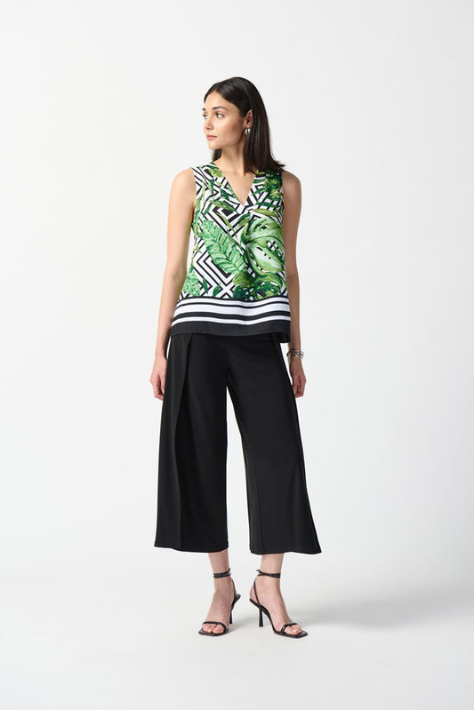 JOSEPH RIBKOFF WOVEN TROPICAL PRINT FLARED TOP