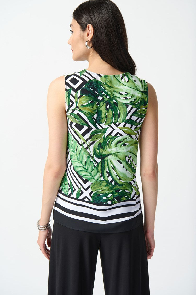 JOSEPH RIBKOFF WOVEN TROPICAL PRINT FLARED TOP